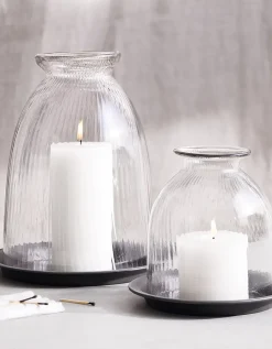 Ribbed Domed Glass Candle Holder with Tray – Large